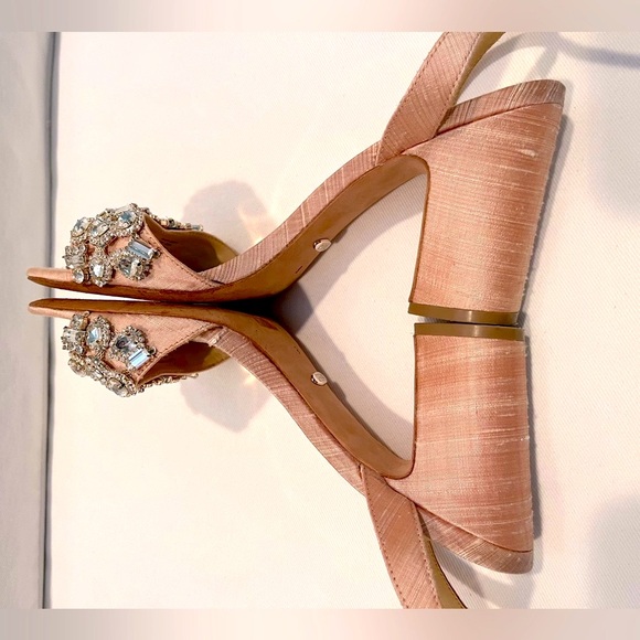 Badgley Mischka Light Pink Silk Jeweled Heels - Picture 3 of 6